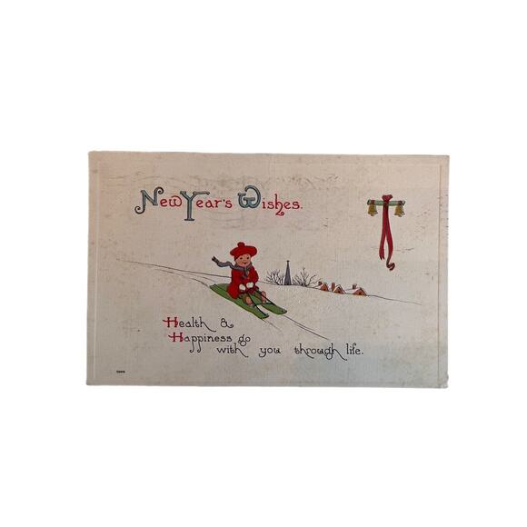 Antique 1918 Ephemera Postcard New Year Wishes Young Child Skiing/Sled Downhill - Picture 2 of 6